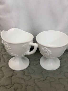Milk Glass Pedestal Creamer / Sugar Set harvest Grape pattern Indian glass co.